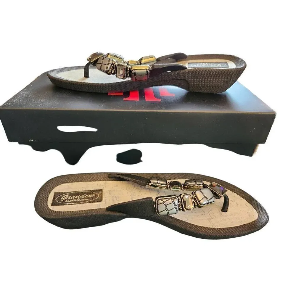 GRANDCO SANDALS SPARKLE V-THONG Silver Bling GEMSTONES & BLACK BASE Beach Pool S